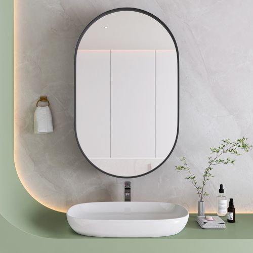 Armoire Miroir Ovale En Métal Noir Avec Étagères Réglables