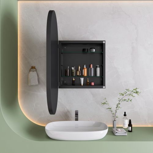 Armoire Miroir Ovale En Métal Noir Avec Étagères Réglables