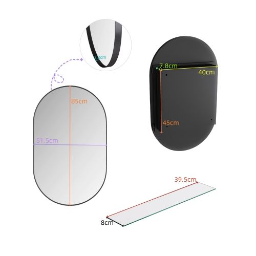 Armoire Miroir Ovale En Métal Noir Avec Étagères Réglables