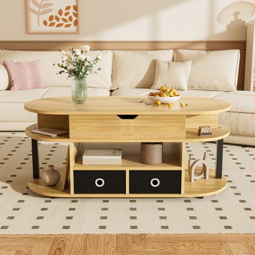 Table Basse Relevable Rectangulaire Bois Et Noir, 2 Tiroirs En Tissu Et Rangement