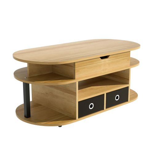 Table Basse Relevable Rectangulaire Bois Et Noir, 2 Tiroirs En Tissu Et Rangement