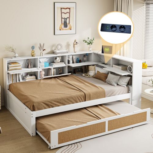 Lit Adulte 140x200 Cm, Lit Double Avec Lit Gigogne 90x190 Cm Et Ports USB, En Bois, Blanc