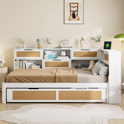 Lit Adulte 140x200 Cm, Lit Double Avec Lit Gigogne 90x190 Cm Et Ports USB, En Bois, Blanc