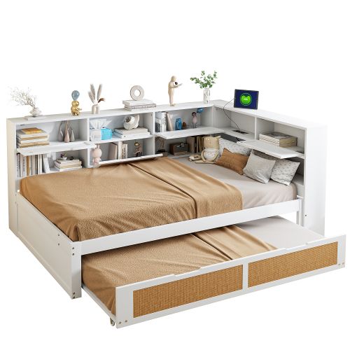 Lit Adulte 140x200 Cm, Lit Double Avec Lit Gigogne 90x190 Cm Et Ports USB, En Bois, Blanc