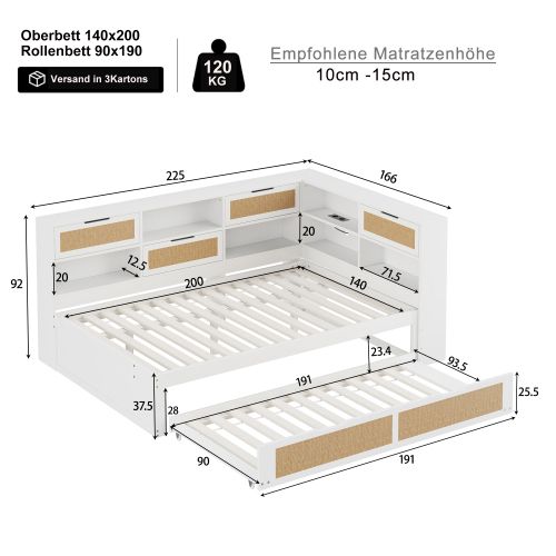 Lit Adulte 140x200 Cm, Lit Double Avec Lit Gigogne 90x190 Cm Et Ports USB, En Bois, Blanc