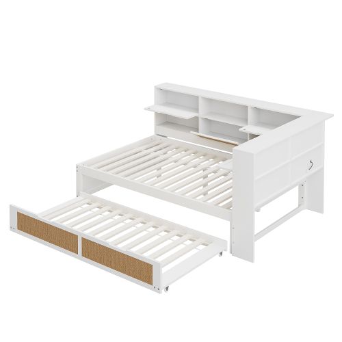 Lit Adulte 140x200 Cm, Lit Double Avec Lit Gigogne 90x190 Cm Et Ports USB, En Bois, Blanc
