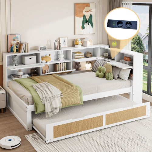 Lit Gigogne 90x200 Cm Avec Sommier à Lattes Et Ports De Charge, En Bois, Blanc