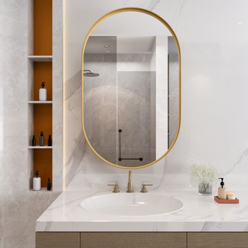 Armoire Miroir Ovale En Métal Doré Avec Étagères Réglables