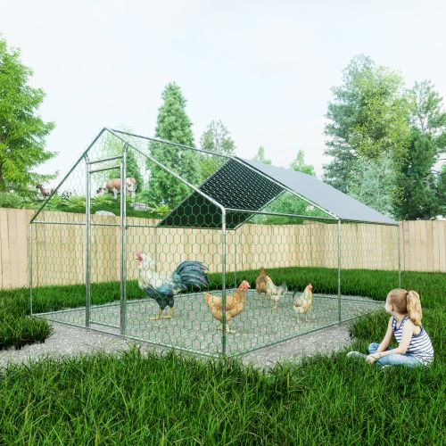 Enclos Poulailler Extérieur Métal 3x4x2 M Avec Bâche Pe Étanche Et Serrure, Argent