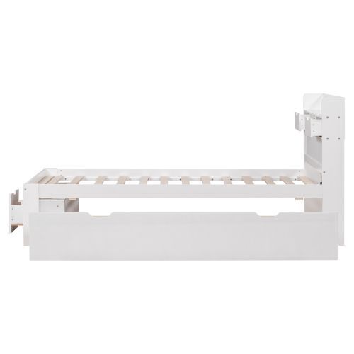 Lit Enfant 90x200 Cm Avec 4 Tiroirs, Ports USB Et Type-c, Tête De Lit Avec Rangement, En Bois, Blanc