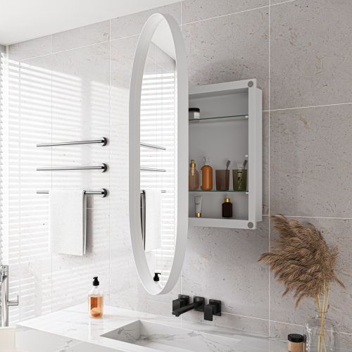 Armoire De Salle De Bain Ovale Avec Miroir Et Étagères Réglables, Métal, Blanc