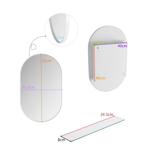 Armoire De Salle De Bain Ovale Avec Miroir Et Étagères Réglables, Métal, Blanc