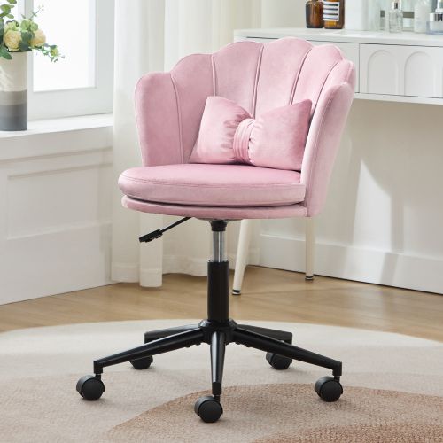 Chaise De Bureau Pivotante En Velours, Dossier Forme Pétale, Coussin Lombaire Papillon, Rose