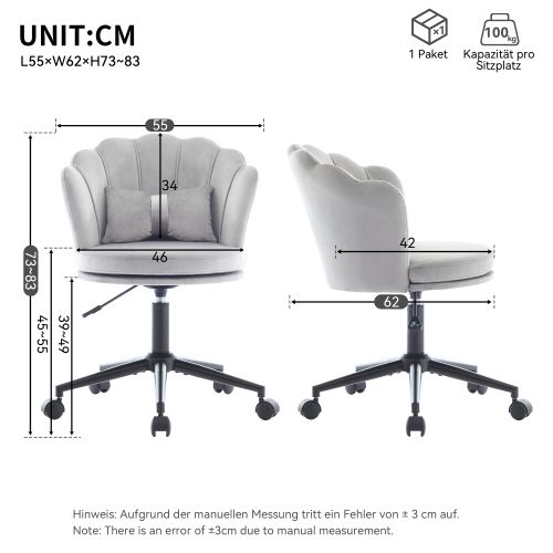 Chaise De Bureau à Roulettes, Dossier Pétale En Velours, Coussin Lombaire, Réglable 45–55 Cm, Gris