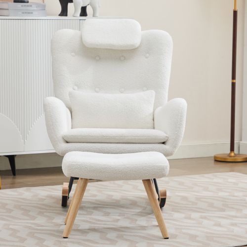 Fauteuil à Bascule Avec Pouf, Tissu Teddy, Structure Métal Et Pieds En Bois, Blanc