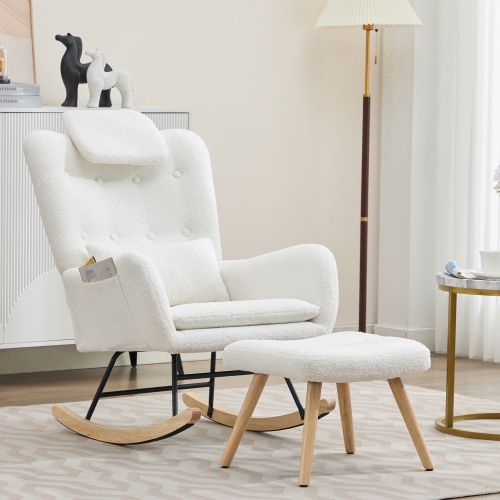 Fauteuil à Bascule Avec Pouf, Tissu Teddy, Structure Métal Et Pieds En Bois, Blanc
