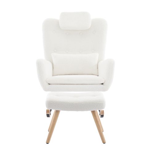 Fauteuil à Bascule Avec Pouf, Tissu Teddy, Structure Métal Et Pieds En Bois, Blanc