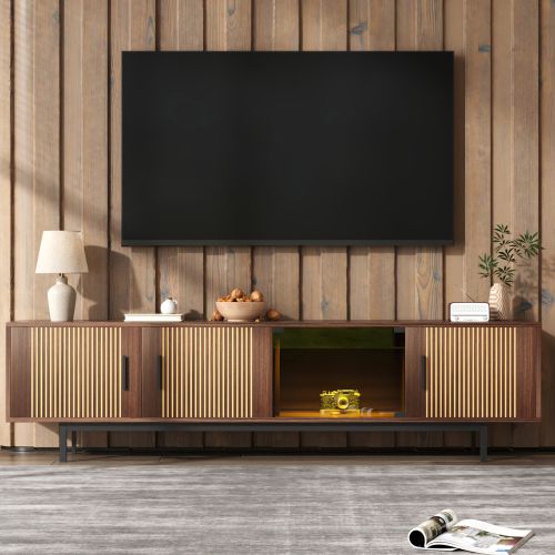 Meuble TV 200 Cm, Meuble Bas à Texture Sculptée Avec LED, Noir Et Couleur Bois
