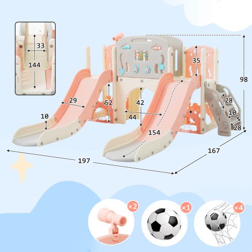 Toboggan Pour Enfants Avec Tunnel Arqué, Panier De Basket Et Télescope, Structure D'escalade