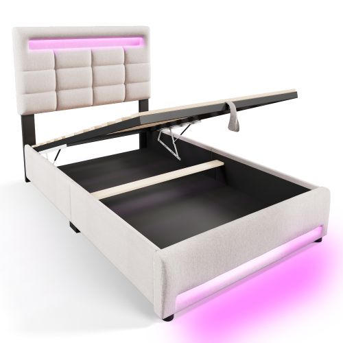 Lit Coffre Enfant 90x200 Cm Avec Tête De Lit Capitonnée Avec LED, En Lin, Beige