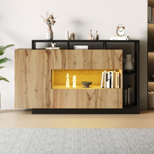 Buffet LED 140 X 44 X 93,5 Cm Avec Bluetooth, Éclairage Rgb USB, En Mdf, Couleur Bois