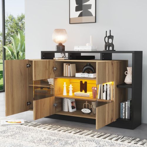 Buffet LED 140 X 44 X 93,5 Cm Avec Bluetooth, Éclairage Rgb USB, En Mdf, Couleur Bois