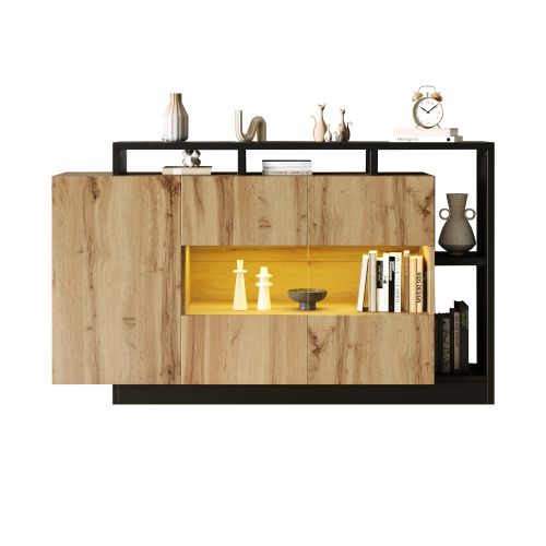 Buffet LED 140 X 44 X 93,5 Cm Avec Bluetooth, Éclairage Rgb USB, En Mdf, Couleur Bois