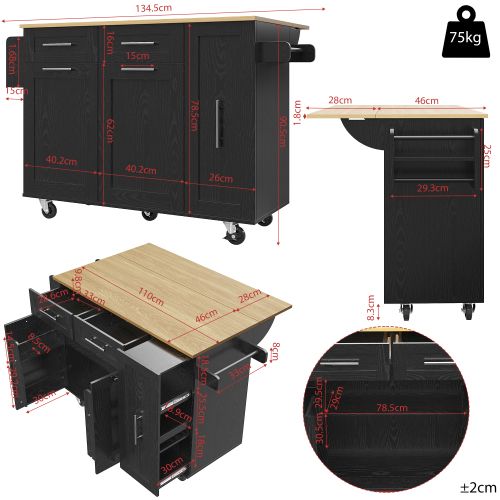 Desserte De Cuisine Avec Table Pliante Et Rangements Extensibles, 2 Tiroirs, Noir