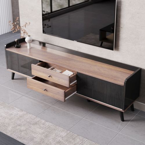 Meuble TV 160 Cm Avec 2 Portes, 2 Tiroirs, Rangement Ouvert, Noir Et Couleur Bois