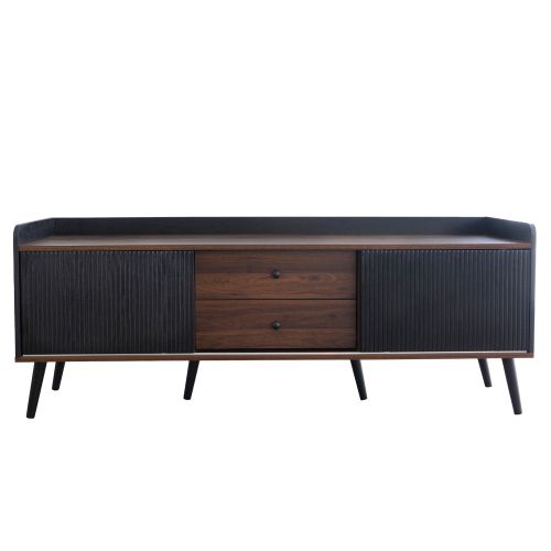 Meuble TV 160 Cm Avec 2 Portes, 2 Tiroirs, Rangement Ouvert, Noir Et Couleur Bois