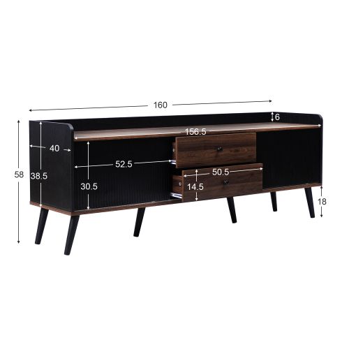 Meuble TV 160 Cm Avec 2 Portes, 2 Tiroirs, Rangement Ouvert, Noir Et Couleur Bois