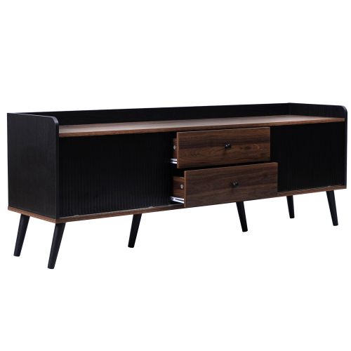 Meuble TV 160 Cm Avec 2 Portes, 2 Tiroirs, Rangement Ouvert, Noir Et Couleur Bois