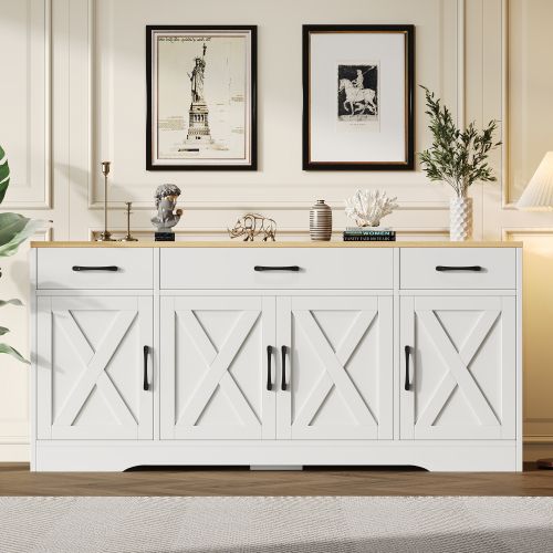 Buffet De Salon 160x37x75 Cm Blanc, 3 Tiroirs Et 4 Portes, Plateau Aspect Bois