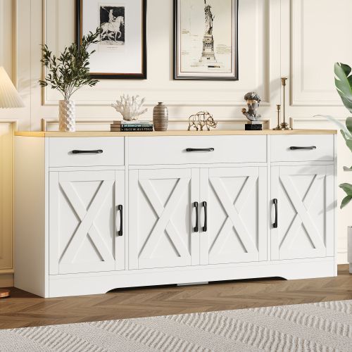 Buffet De Salon 160x37x75 Cm Blanc, 3 Tiroirs Et 4 Portes, Plateau Aspect Bois
