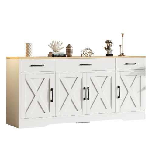 Buffet De Salon 160x37x75 Cm Blanc, 3 Tiroirs Et 4 Portes, Plateau Aspect Bois