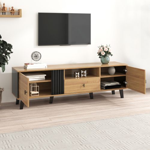 Meuble TV 170 Cm, Mat, Avec 2 Portes En Verre, 1 Tiroir, Niche Ouverte, Couleur Bois
