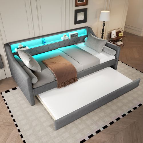Lit Enfant 90x200 Avec Lit Gigogne 90x190 Cm Avec Sommier à Lattes Et LED, En Lin, Gris