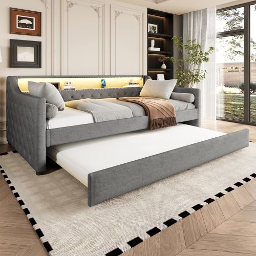 Lit Enfant 90x200 Avec Lit Gigogne 90x190 Cm Avec Sommier à Lattes Et LED, En Lin, Gris