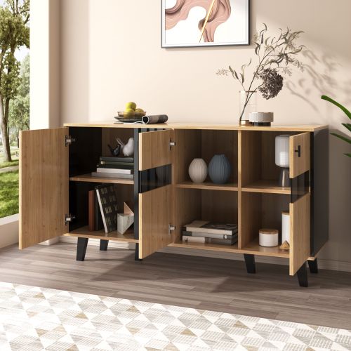 Buffet Bois Et Noir 140 X 78,5 X 41 Cm, 3 Portes, Verre Avec LED