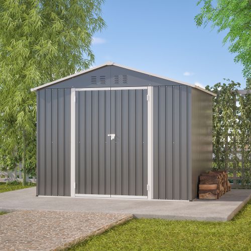 Abri De Jardin En Métal Anthracite 229x180x191 Cm Avec Porte Large 106 Cm Et Grilles D’aération