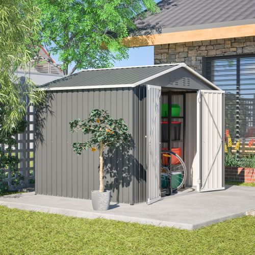 Abri De Jardin En Métal Anthracite 229x180x191 Cm Avec Porte Large 106 Cm Et Grilles D’aération