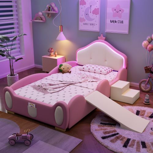 Lit Enfant 90x200 Cm, Avec Toboggan Et LED Multicolore, Avec Lattes, En Pu, Rose