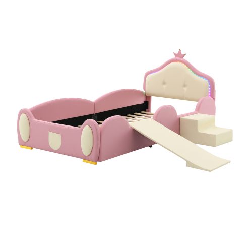 Lit Enfant 90x200 Cm, Avec Toboggan Et LED Multicolore, Avec Lattes, En Pu, Rose