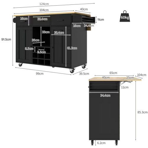 Desserte De Cuisine à Roulettes Avec 3 Tiroirs Et Porte-serviettes, En Mdf, Noir
