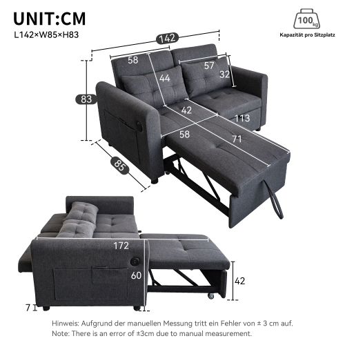 Canapé Convertible 2 Places Avec Port USB, Poches Et Coussins