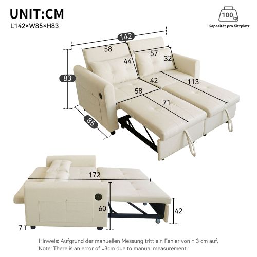 Canapé Convertible 2 Places Avec Dossier Réglable, Port USB Et Poches Latérales