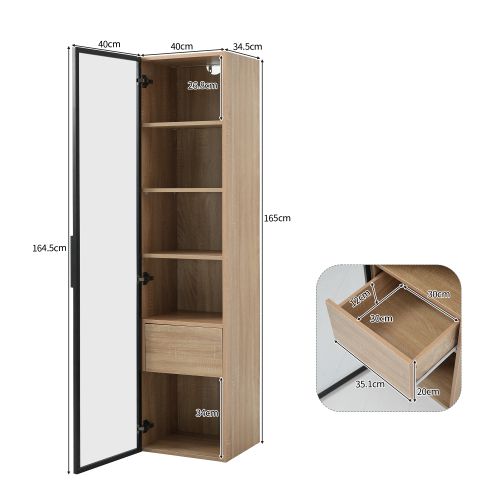 Vitrine Naturel, Vitrine De 40 Cm De Large Avec Bandeau Lumineux, Étagères Ouvertes Et Porte