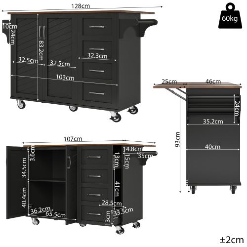 Desserte De Cuisine à Roulettes Avec 2 Tiroirs, Étagères Et Porte-serviettes, Noir