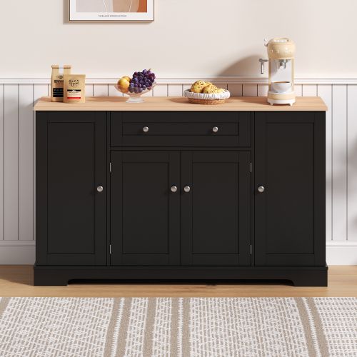 Buffet De Cuisine 138 Cm Noir - 1 Tiroir, Double Porte, 2 Armoires Latérales Réglables