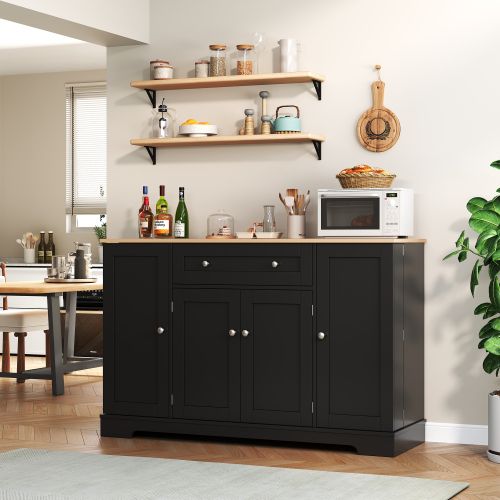Buffet De Cuisine 138 Cm Noir - 1 Tiroir, Double Porte, 2 Armoires Latérales Réglables